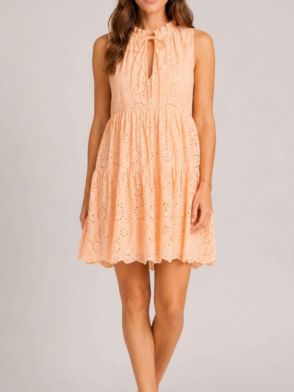 BB Dakota Peach Eyelet Babydoll Mini Dress Cotton Cottagecore Medium